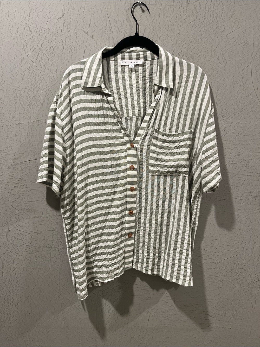 Jane and Delancey Olive and White Striped Button-Up Shirt